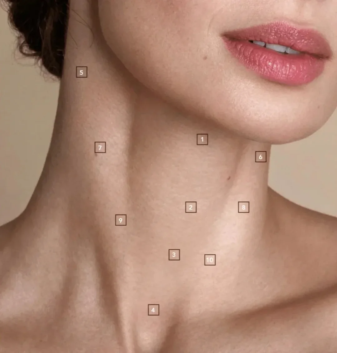 Close portrait showing bio-remodelling treatment sites on the neck